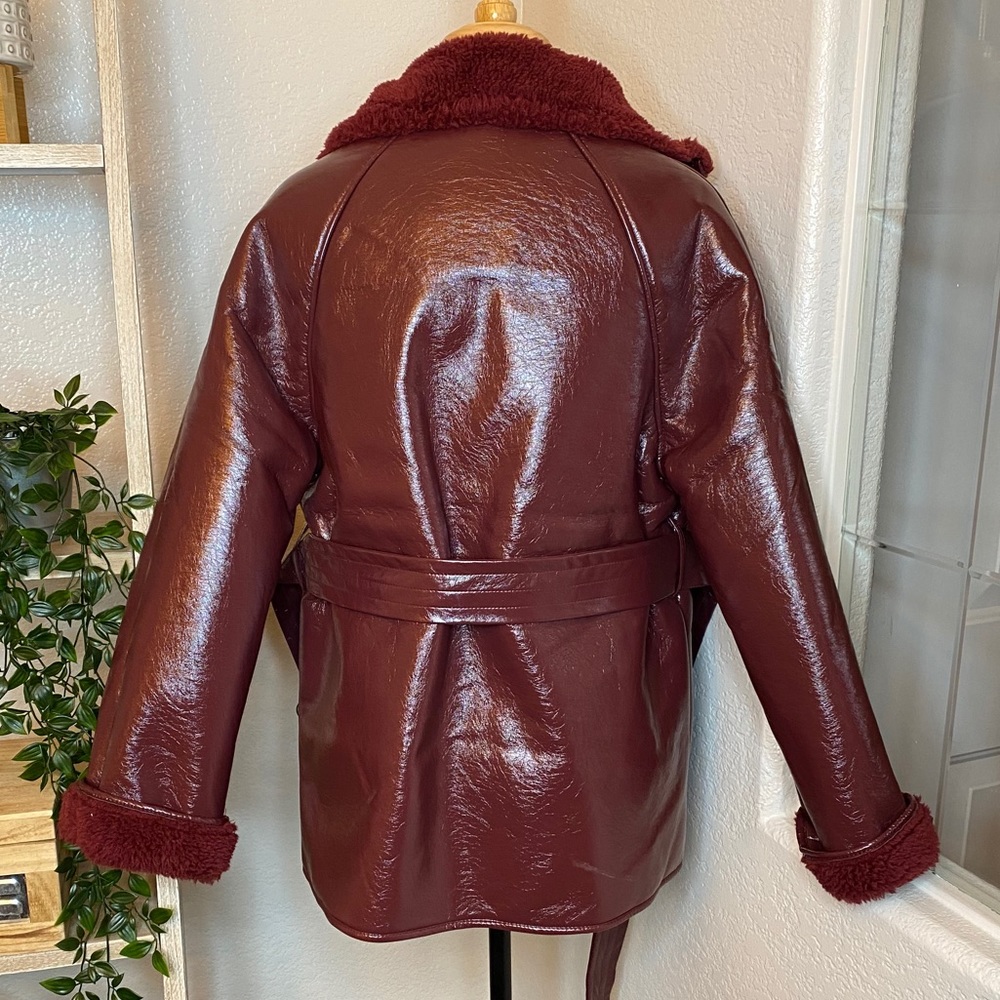 🆕J.O.A Faux Fur Lined tie waist coat in burgundy - Picture 10 of 15